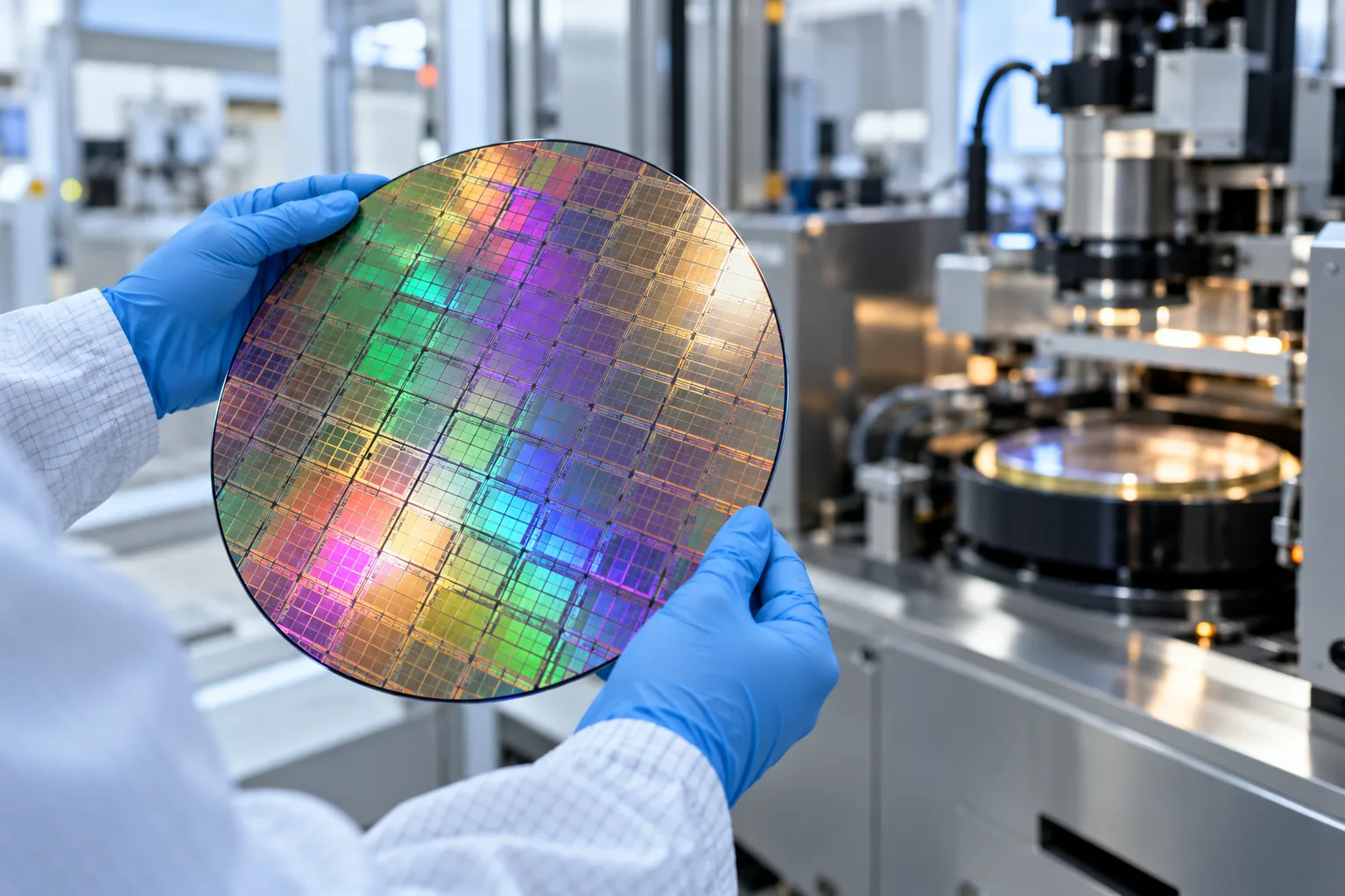 An engineer holds a colourful silicon wafer in a semiconductor laboratory